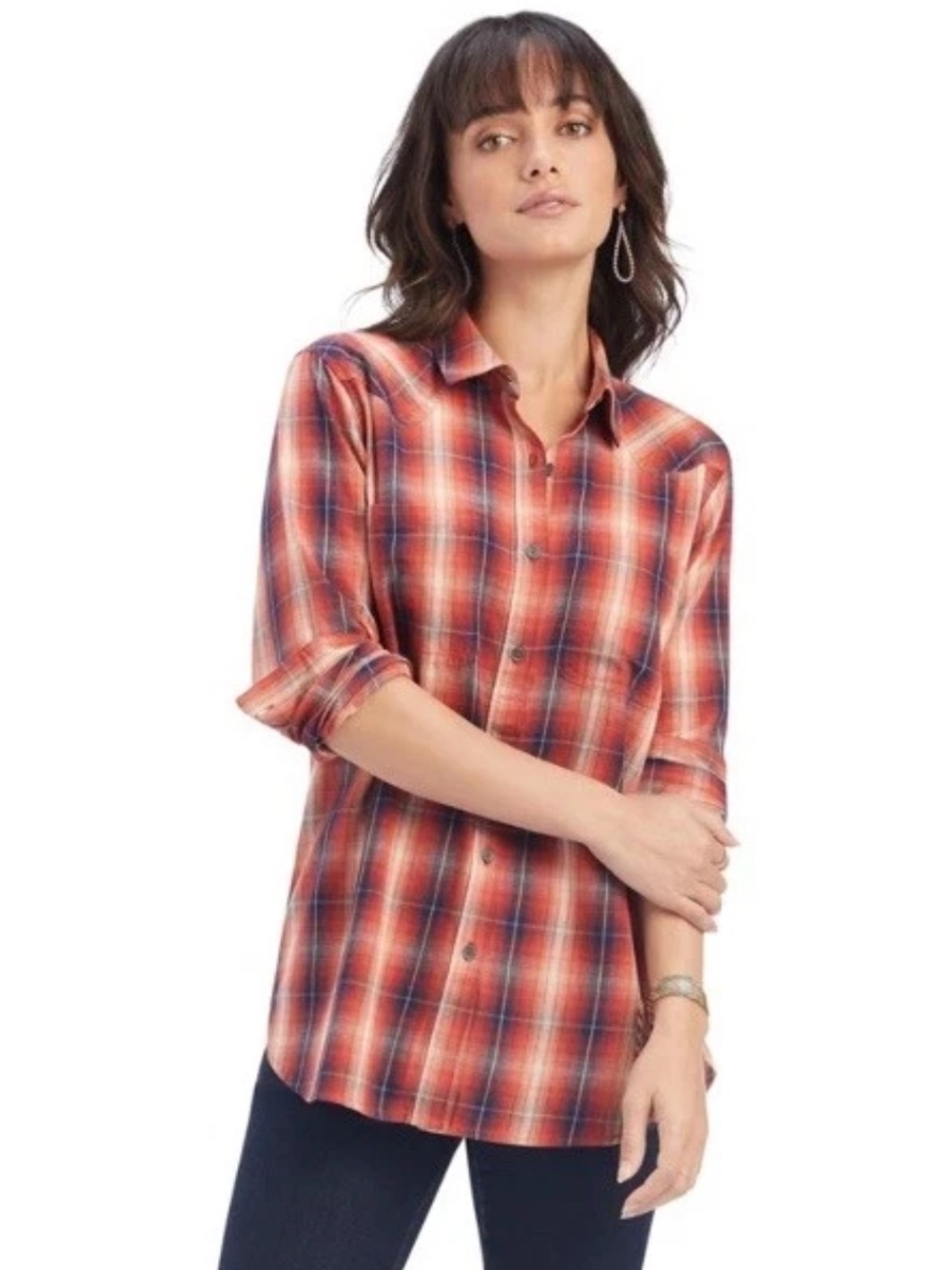 Ariat Billie Rae Shirt Long Sleeve Plaid Button Up Citrus Grove Red Blue XS